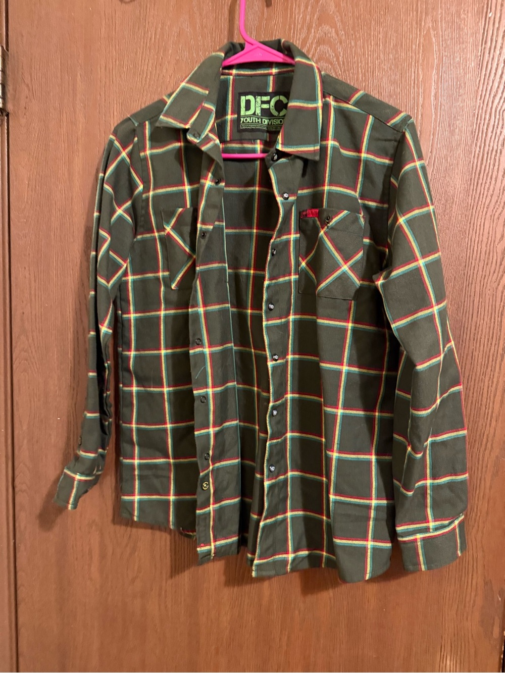 DIXXON Olive Green Plaid Button-Down Shirt with Red & Cream Accents